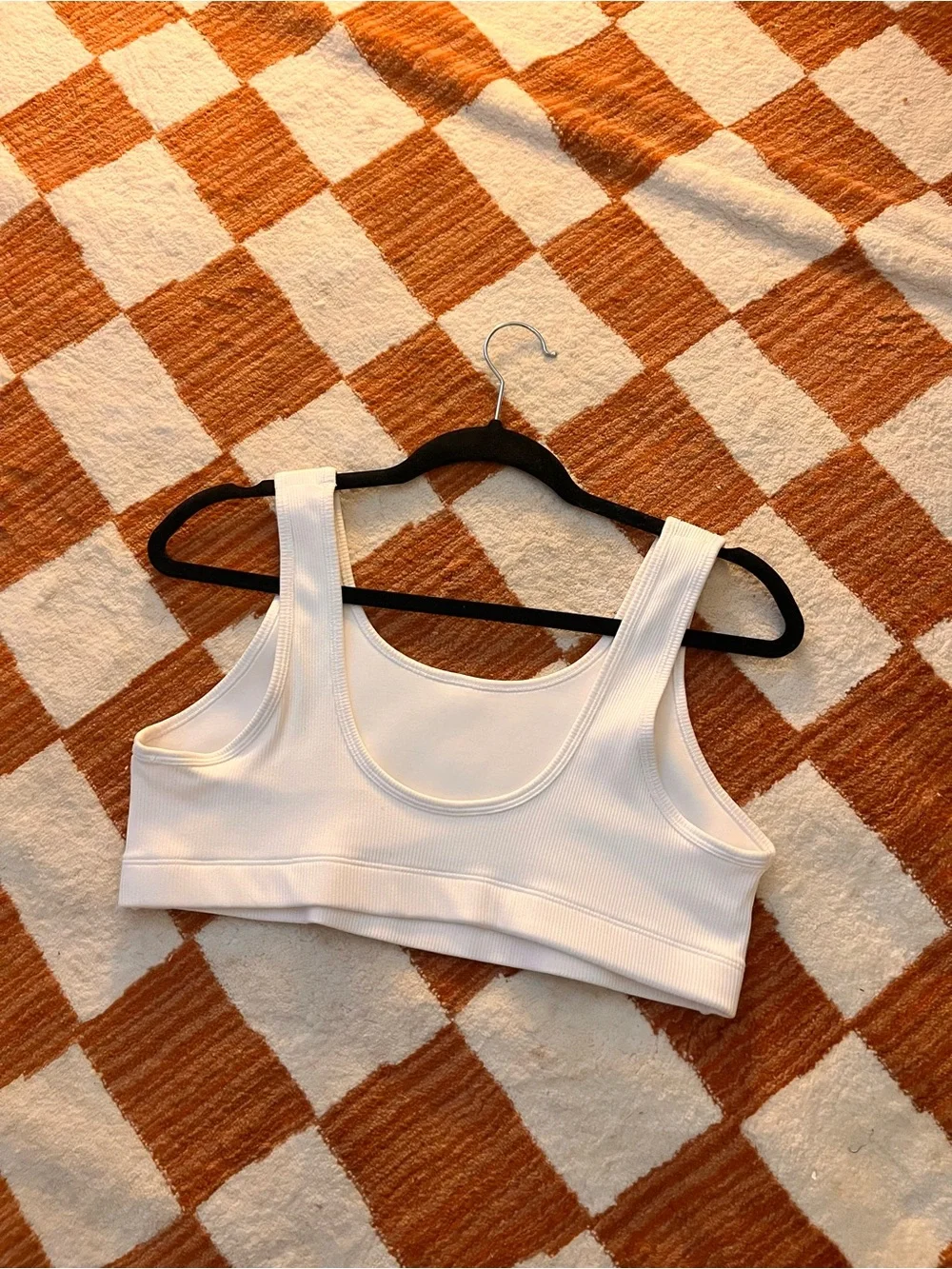 Nike White Ribbed Scoop Sports Bra with Black Swoosh